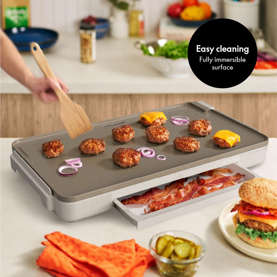 bella 12" x 22" Electric Griddle with Warming Tray, EverGood™ Ceramic Nonstick Coating & Removable Temperature Probe, Dishwasher-Safe Drip Tray & Cool Touch Handles, 1500 Watt, Oatmilk