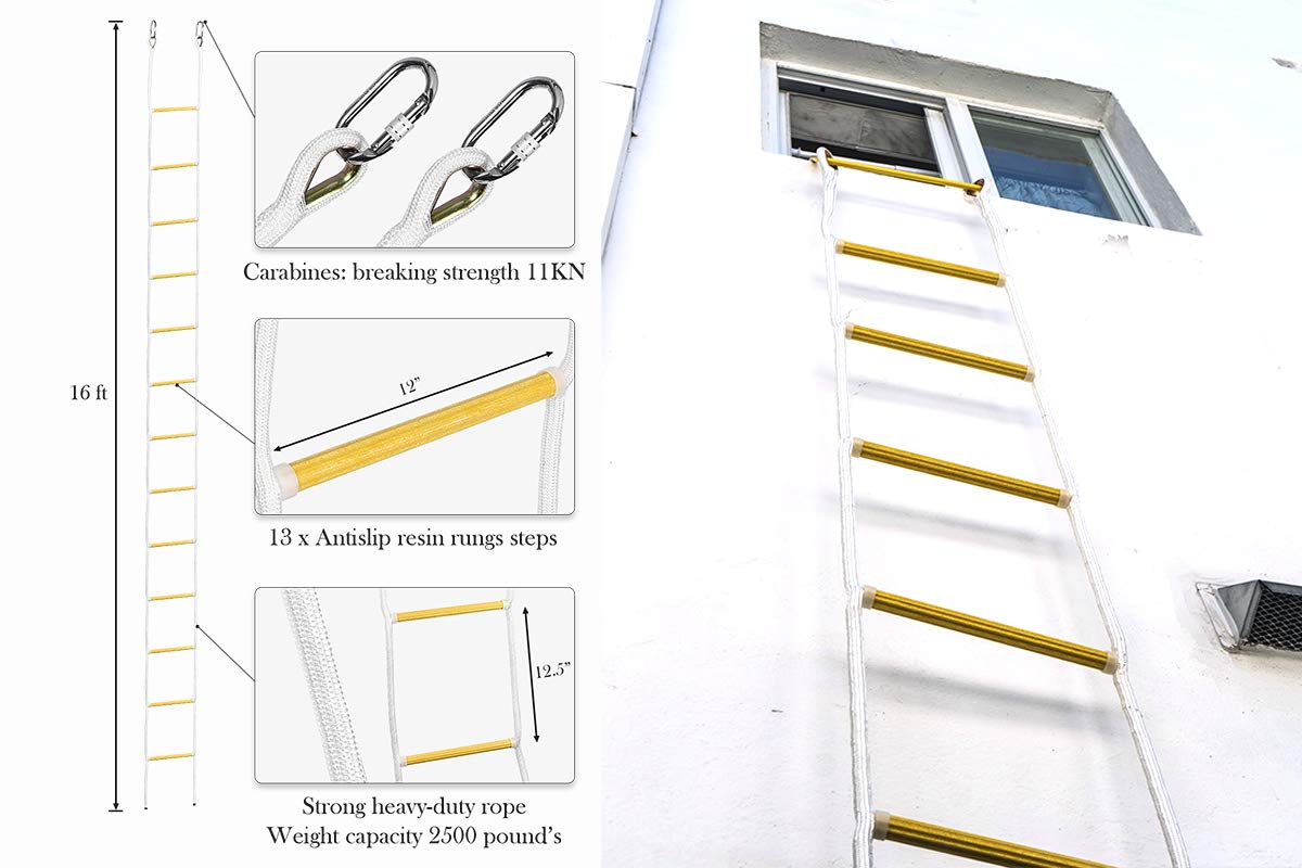 Fire Escape Ladder 2 Story 16ft Flame Resistant Safety Rope Ladder - Fast to Deploy & Easy to Use & Store - Compact - Weight Capacity up to 2000pounds (16ft) Life Saving Emergency ladders - Certified