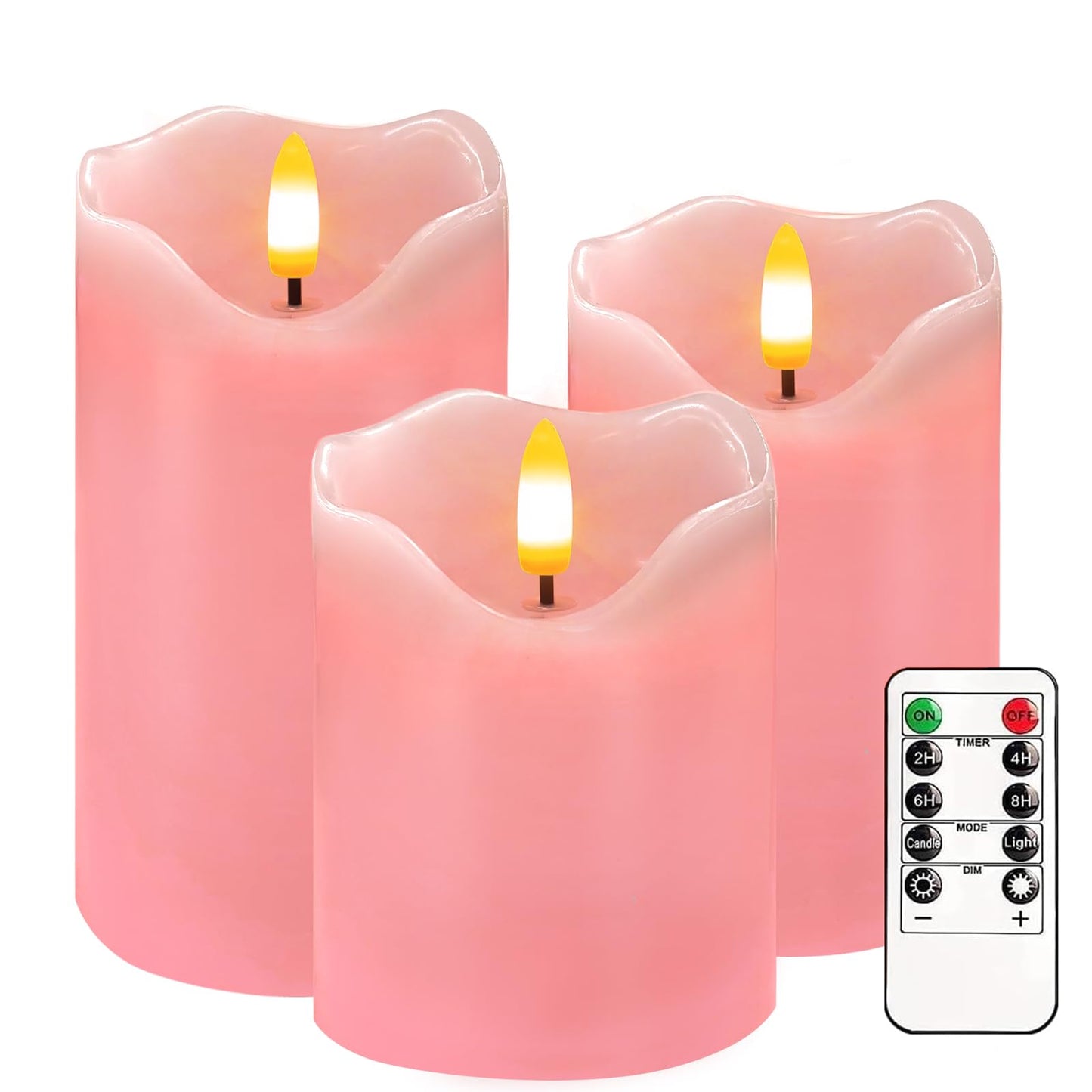 VEEKI Flameless Candles Light, Set of 3 Flickering LED Candle with Remote & Timer, Dimmable Electric Pillar Candles Battery Operated, Pink Candles for Valentine's Day Xmas Home Decor (3PC)