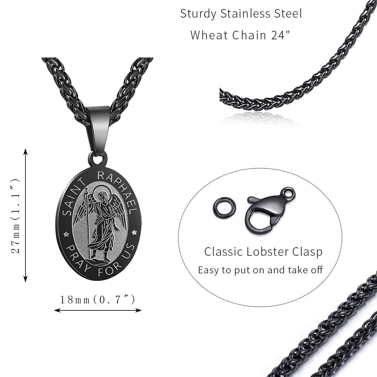 P. BLAKE Black St.Raphael Pendant Necklace for Men Stainless Steel Catholic Saint Raphael Archangel Medal with Chain 24 Inches