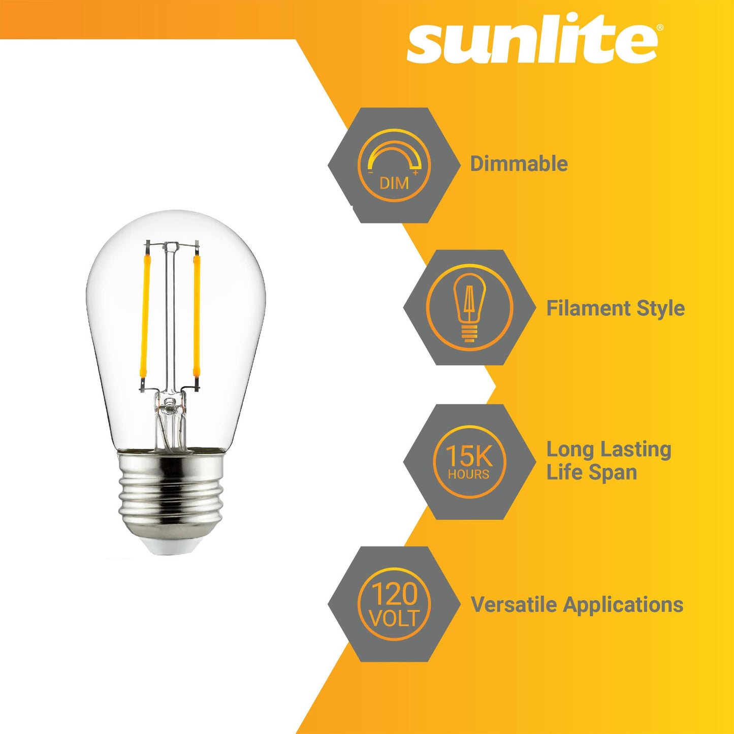 Sunlite Led S14 Filament Bulb, 2W (25W Equivalent), Dimmable, Clear Glass, 2200K Amber, Medium Base (E26), 1 Count