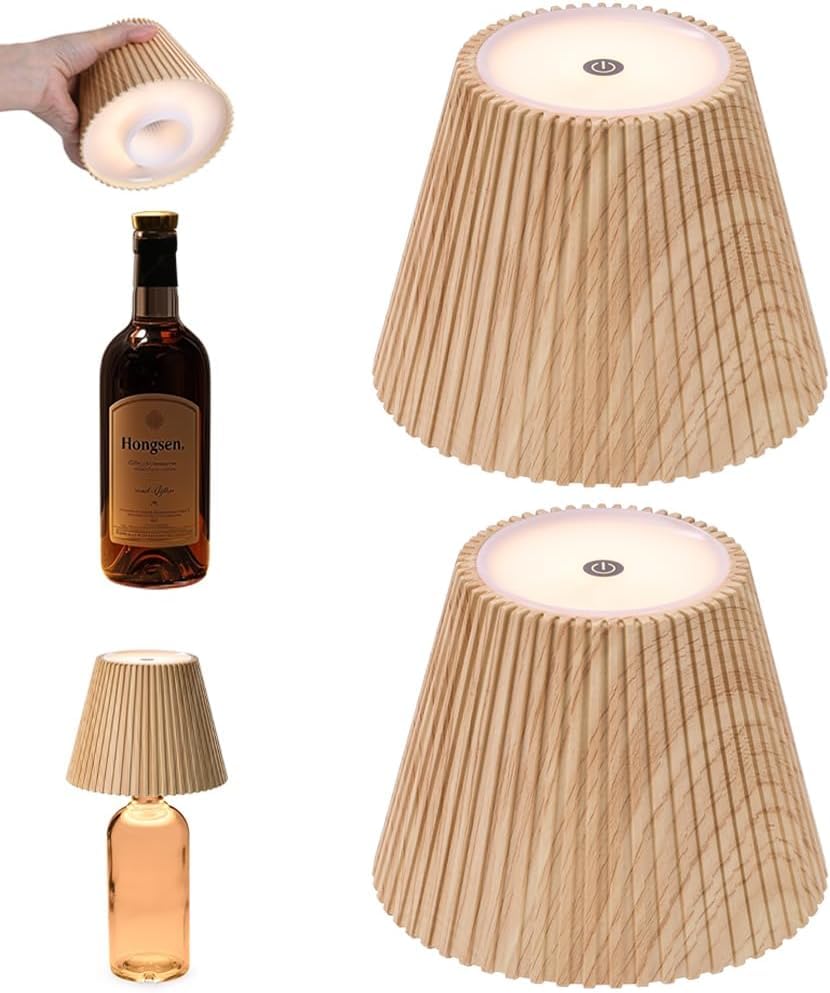 WILIT Wireless Bottle Lamp Shades, 3 Level Brightness, Rechargeable Table Decor, 2pcs Wood Grain