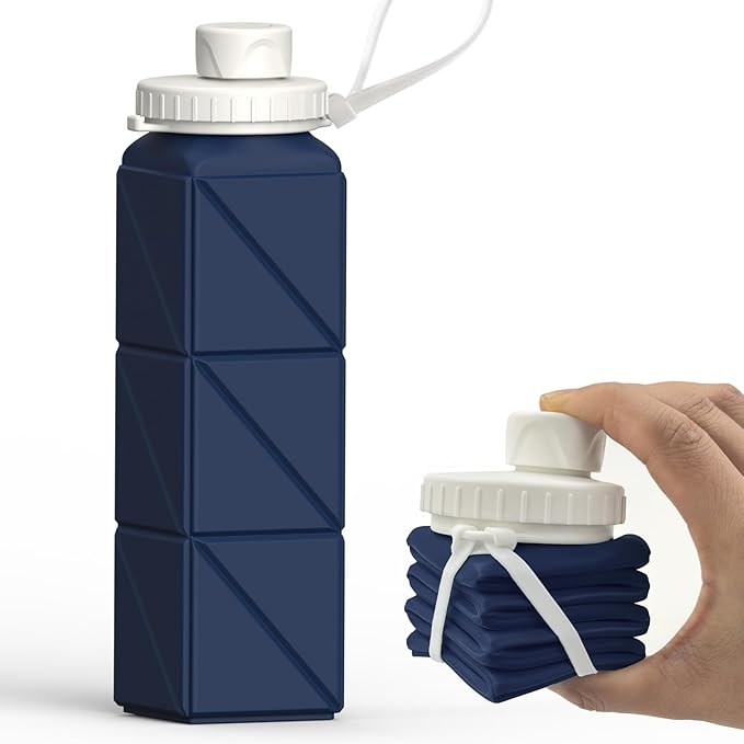 Collapsible Water Bottles, Silicone Foldable Portable Water Bottle 610ml, Lightweight Reusable Leakproof for Sports and Outdoor, 1 Pack (Dark Blue)