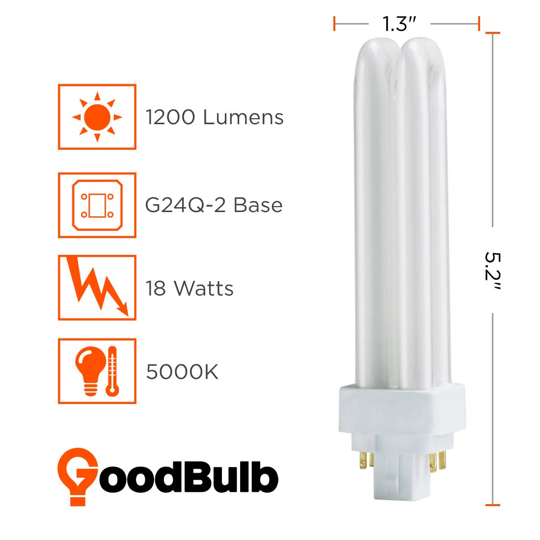 Goodbulb 18 Watt Cfl Light Bulbs | 4 Pin G24Q-2 Base 5000K Daylight | 18W High Output 1200 Lumens | Double Tube Compact Fluorescent Light Bulbs Plug-In | Car Dealership Lighting | 10 Pack