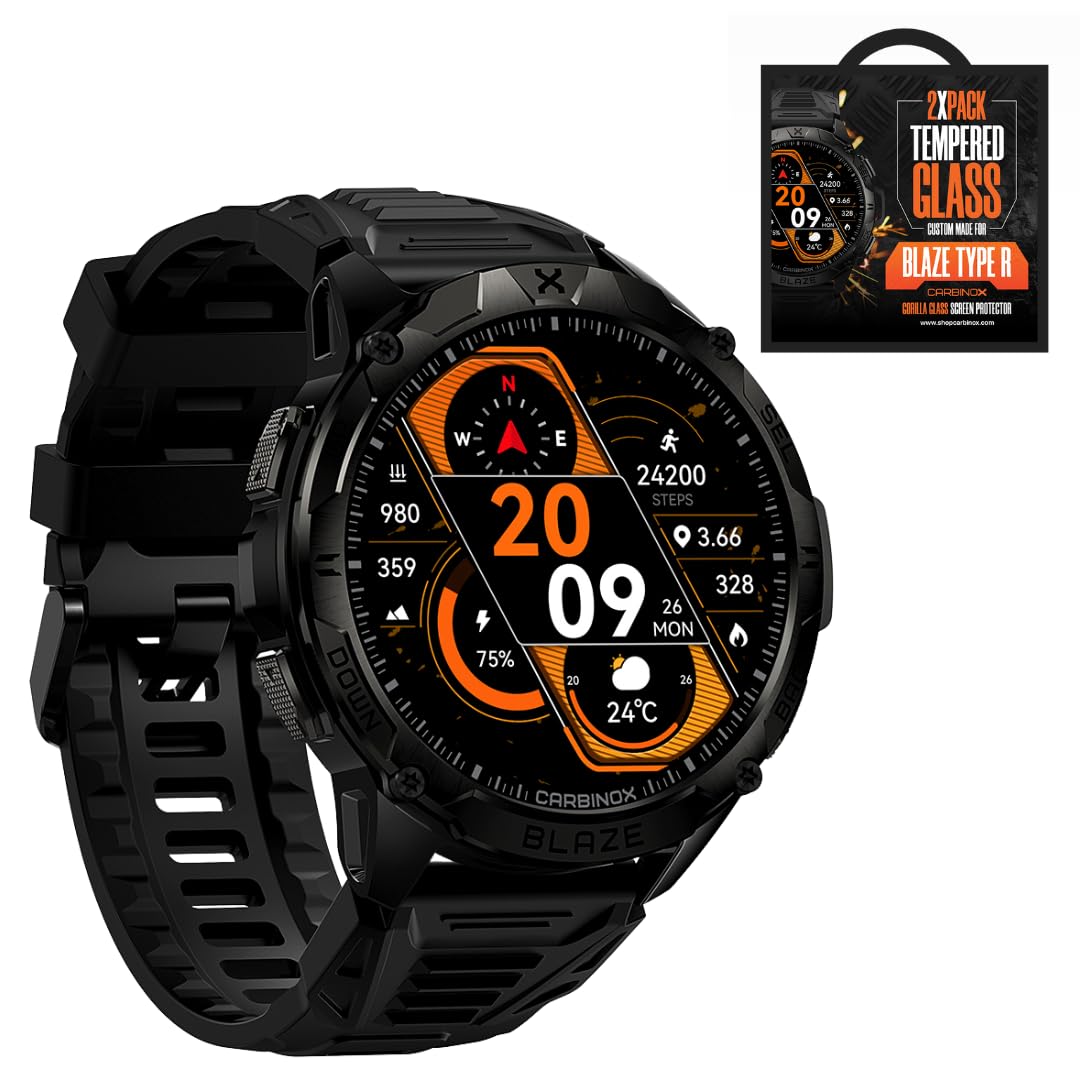 CARBINOX Blaze Smart Watch with Tempered Glass (2 Pack) GPS, Rugged Fitness Tracker Waterproof IP69K, Compatible with Android and iOS, 170+ Sports Modes, Make/Receive Calls (Round)