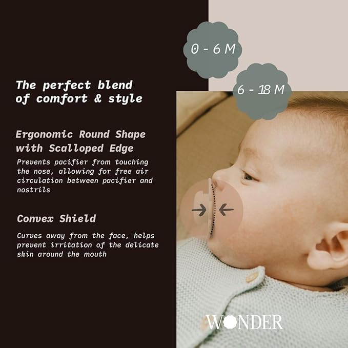 Suavinex Wonder Baby Pacifier, SX Pro Silicone Nipple, Reversible, Non Irritating Shield Design, Pacifiers 6-18 Months, Made in Europe, Gray Clouds
