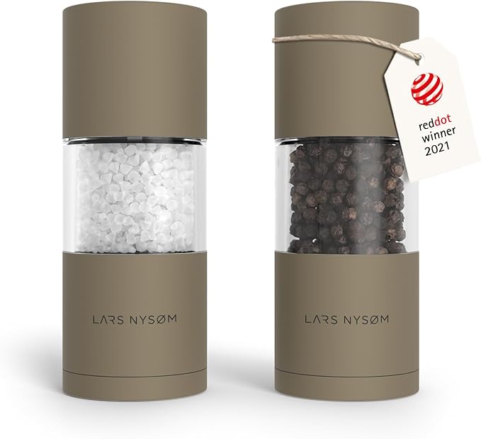 LARS NYSØM Salt and Pepper Grinder Set, Manual Salt and Pepper Mills with Adjustable Ceramic Grinder, Design Spice Shaker Set (Taupe Brown)