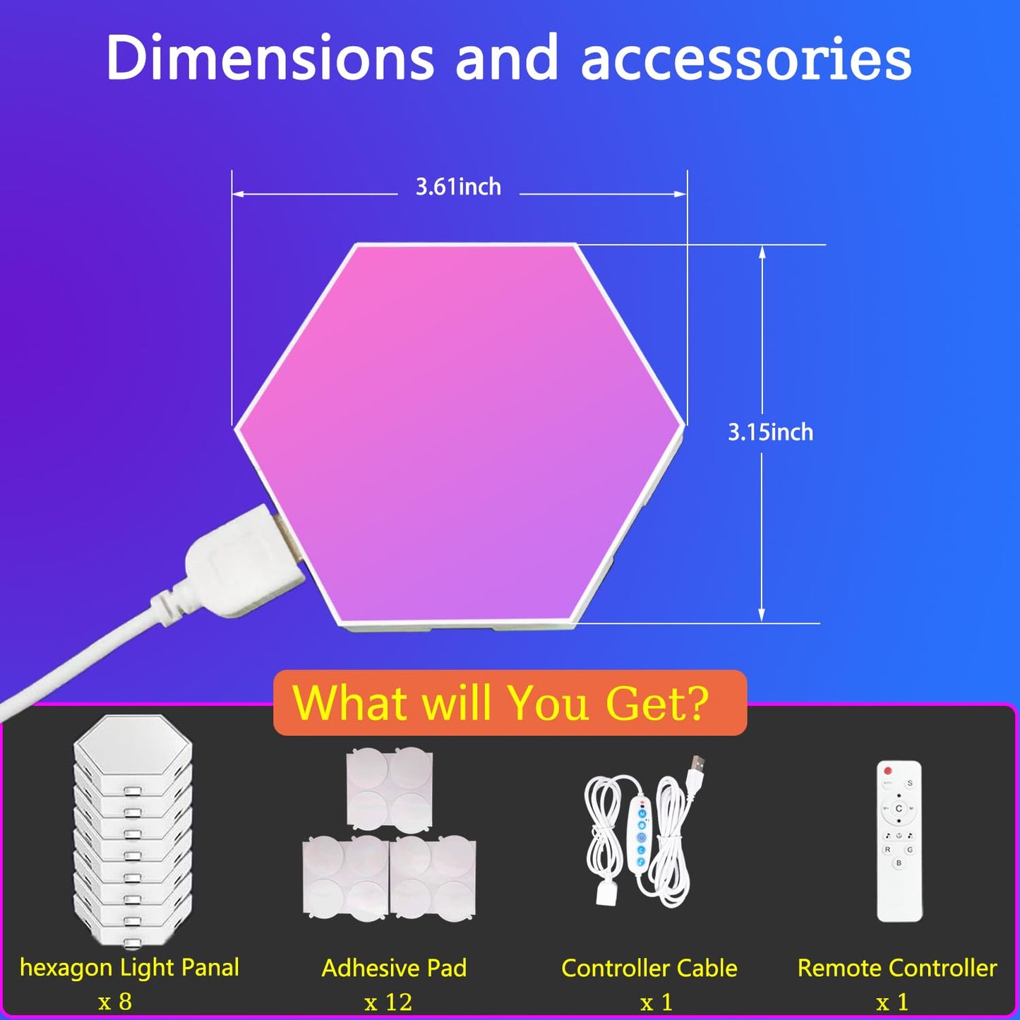 Zwzasm RGB Hexagon Wall Lights, 8 Pack Smart LED Panel Lights with App & Remote, Music Sync, DIY Shapes for Living Room, Bedroom, Gaming Room