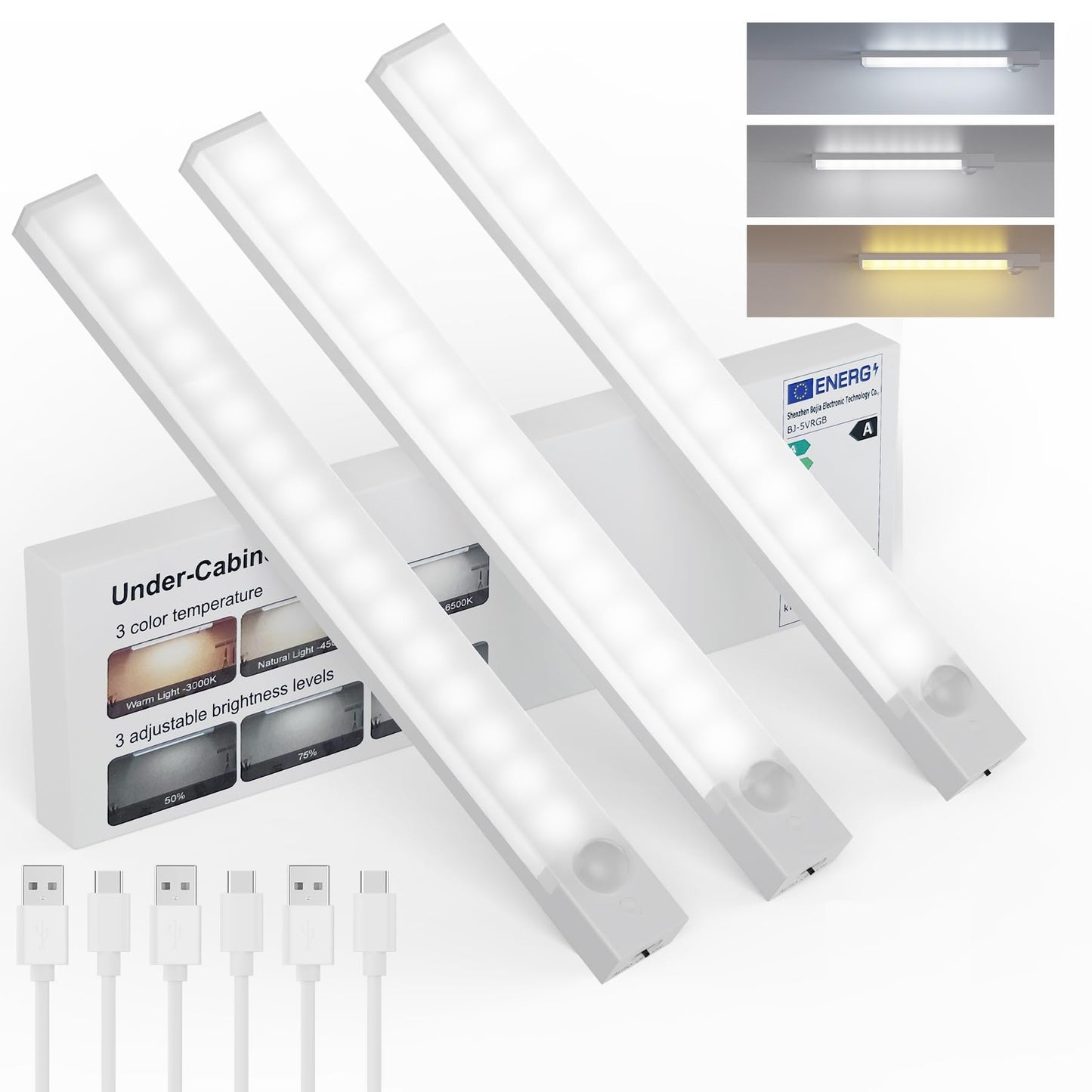 Rihvy Under Cabinet Lighting 12 Inches Rechargeable Motion Sensor Light Indoor  3 Color Dimmable Closet Light Battery Operated  Usb Stick On Led Magnetic Under Counter Lights For Kitchen Stair  3Packs
