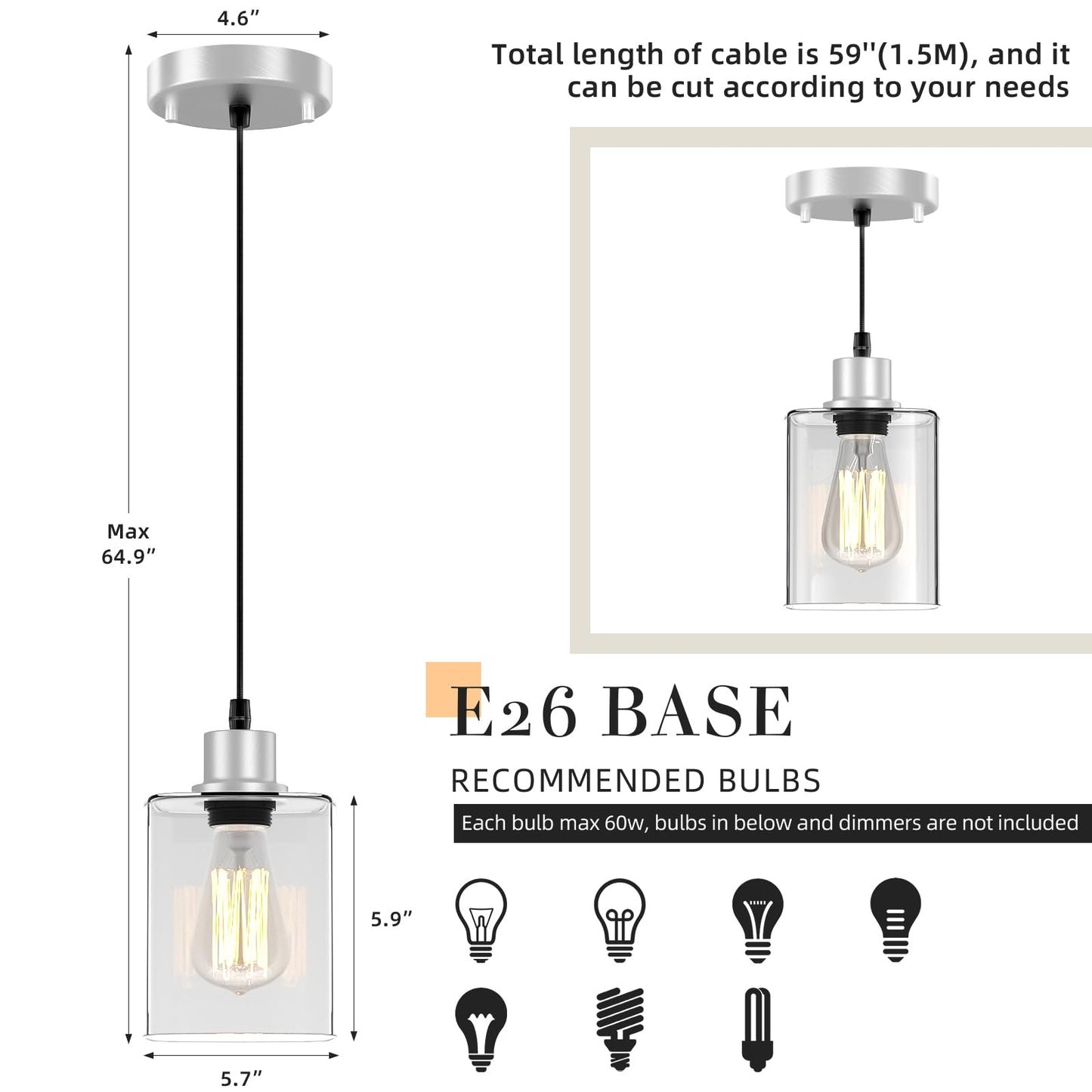 Pendant Light Kitchen Island Lighting 2 Pcs  With Bulb & Clear Glass Shade - 59 Inch Hanging Cord Farmhouse Hanging Lighting Fixture For Dining Room Bedroom Hallway - Brushed Nickel