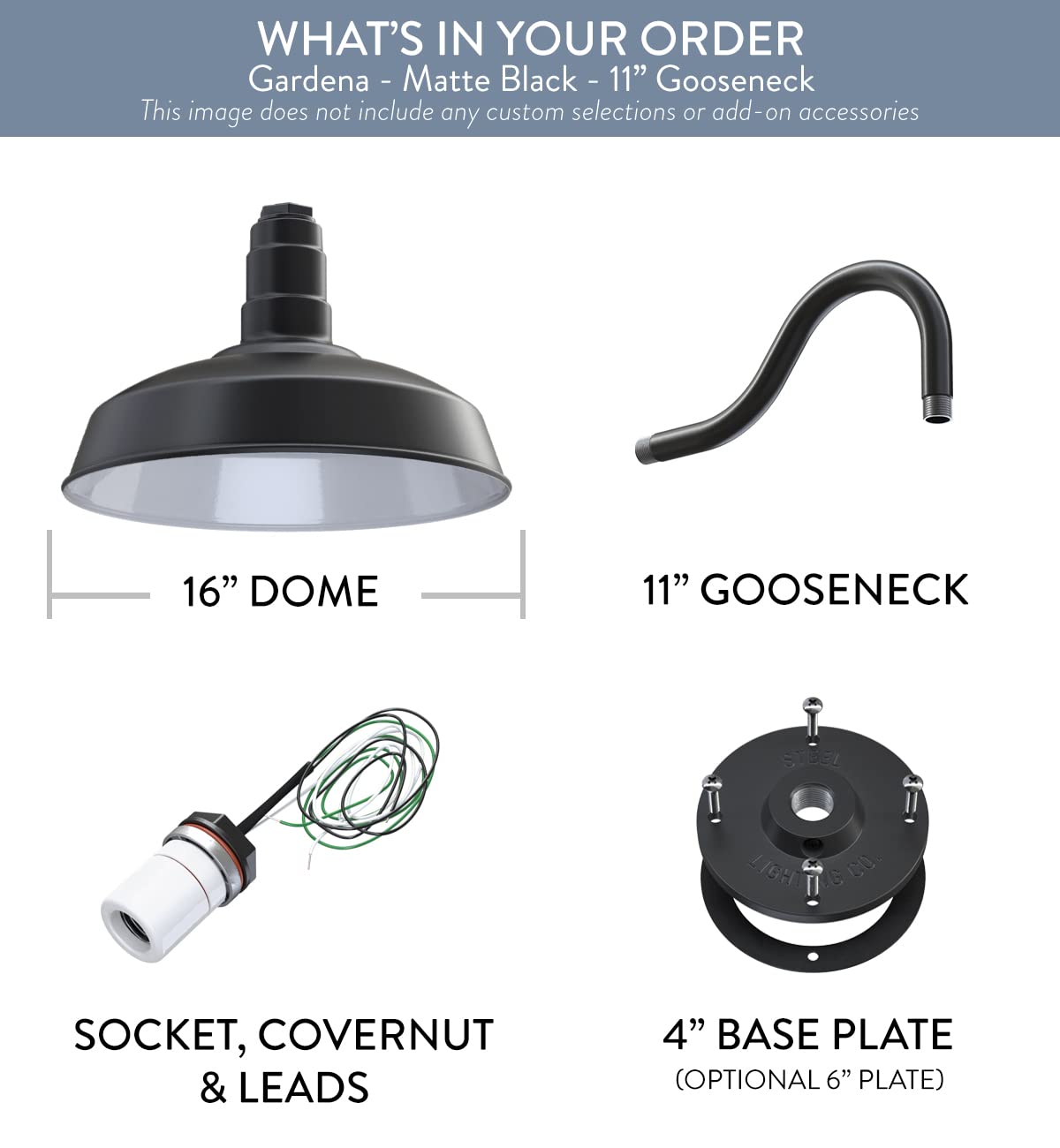 Steel Lighting Co. Gardena Barn Light - Outdoor Wall Mounted 16 Dome, 11 Gooseneck, Matte Black, Porcelain - Made In America