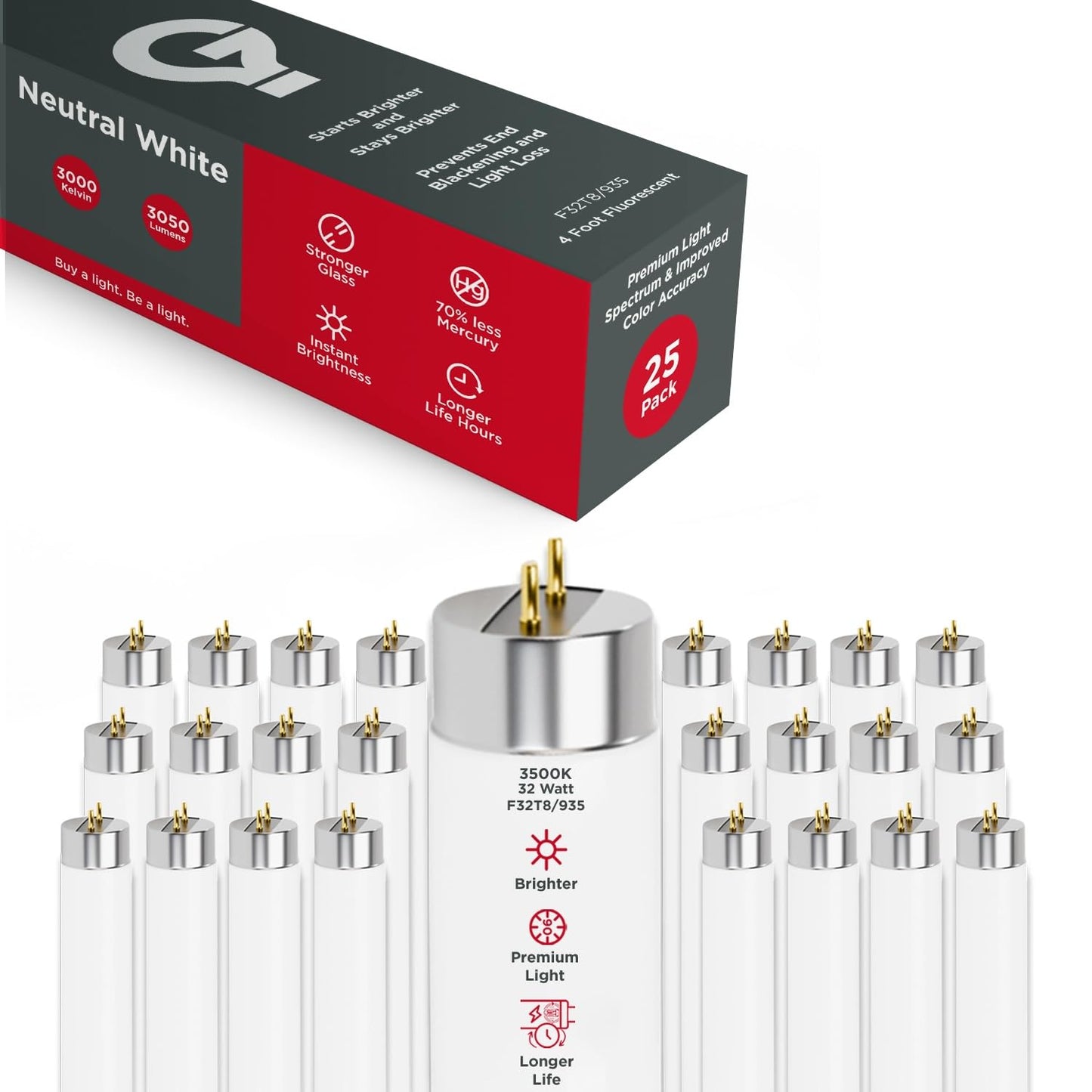 Goodbulb F32T8 Fluorescent Light Bulb, 32W, 3500K Soft White, 3050 Lumens, 25 Pack, Bi-Pin Base,