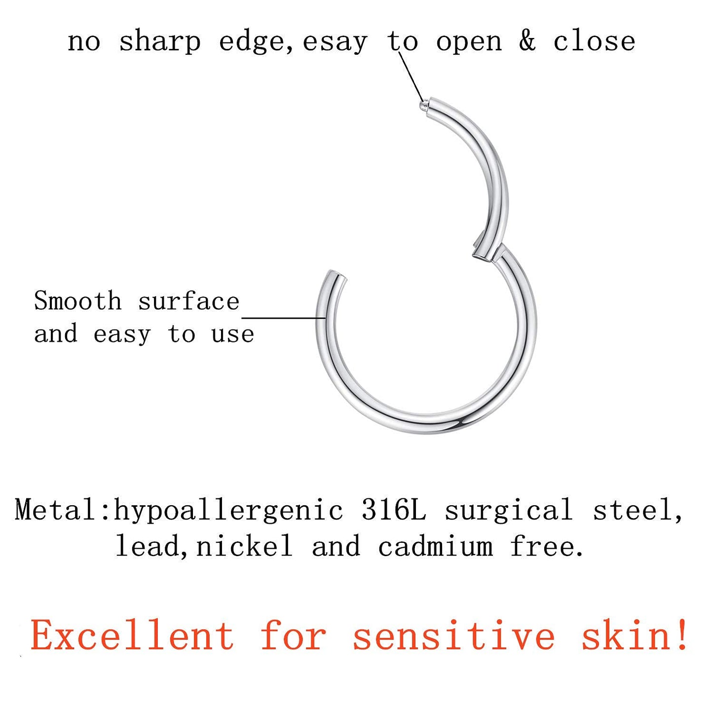 FOLLOWMOON 6mm Septum Ring Silver Nose Rings Hoop 14 Gauge Nose Hoop Helix Daith Tragus Earrings Hinged Segment Septum Clicker L