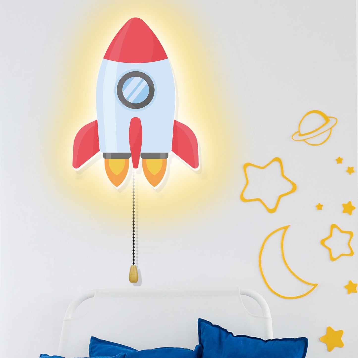 Aurelema Space Rocket Night Light Wall Lamp Sleeping Nursery Lighting Cute Floating Battery Operated Hanging Lamp For Baby Boys Girls Bedroom Room Nursery Wall Decorations