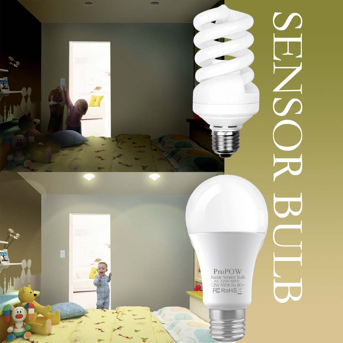 Propow A19 12W Radar Motion Sensor Light Bulbs, 2 Pack, Daylight White, E26, Auto On/Off, 1100Lm For Outdoor Use