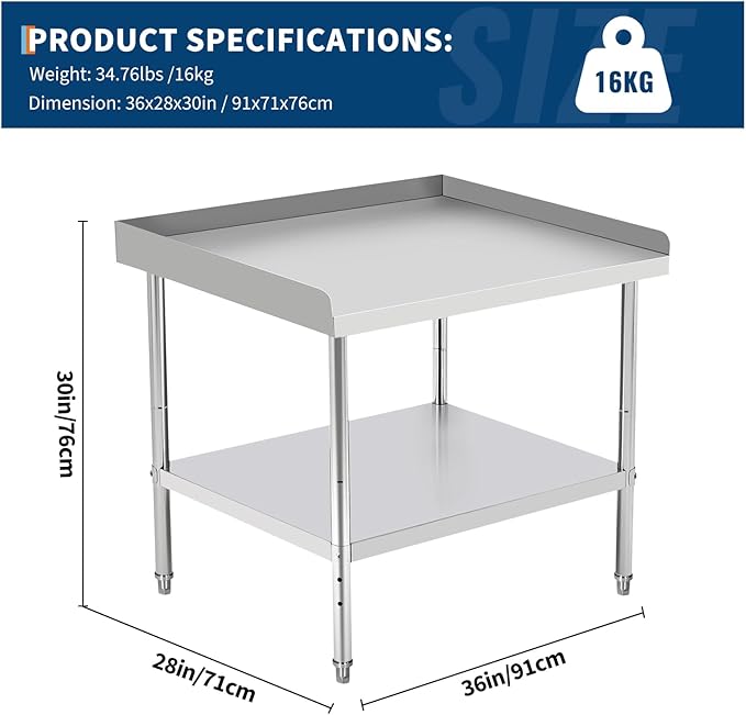 36x28x30 in Stainless Steel Equipment Grill Stand Table 400 LBS Capacity NSF Certified with Adjustable Legs, 2 in Edge Baffle, for Hotel, Home, Commercial Restaurant Kitchen