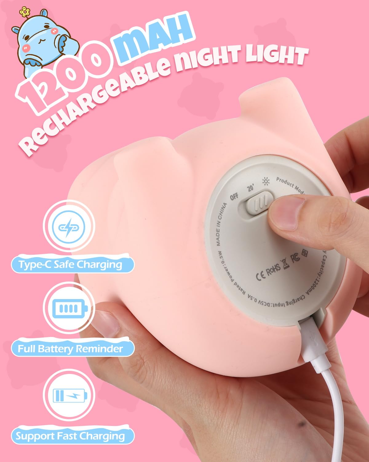Cute Hippo Night Light  Animal Lamp  Food Grade Silicone  Rechargeable  2 Level Dimmable  Squishy Nursery Nightlight For Desk Decor  Funny Gifts Stuff For Boys Girls Baby  White Elephant Gifts