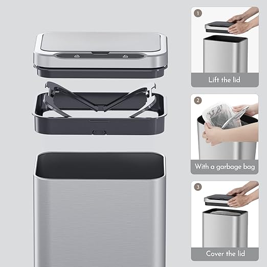 ELPHECO Stainless Steel Office Trash Can Motion Sensor Garbage Can Touchless Smart Trash Can Automatic Waste Bin for Kitchen, Office, Bathroom (Silver, 5.5 Gallons)