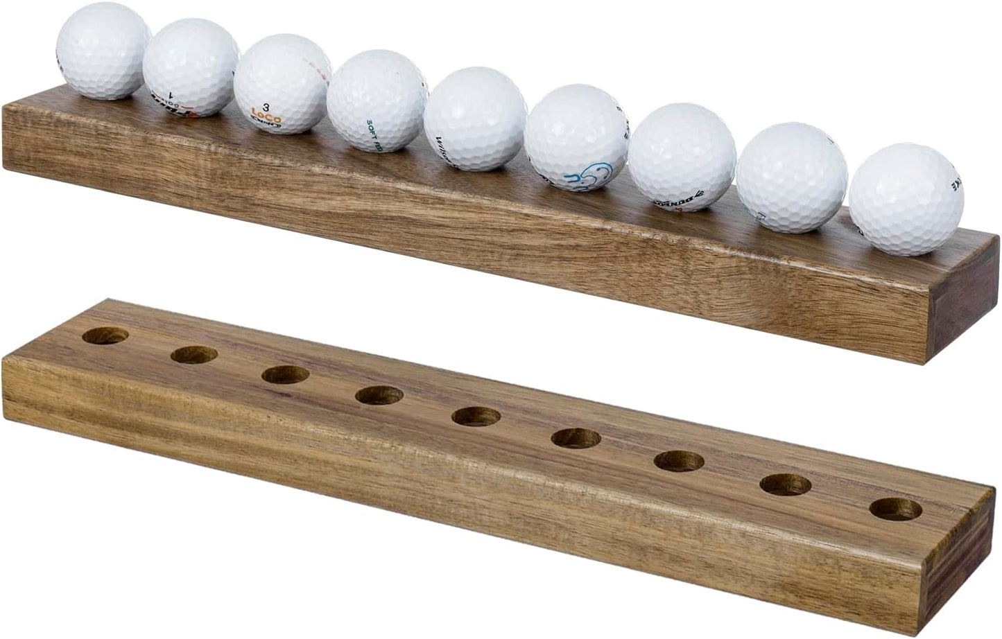 MyGift Set of 2 Premium Acacia Solid Wood Wall Mounted Golf Ball Collection Display Rack, Wooden Hanging Holder Storage Shelves Decor Holds up to 18 Balls