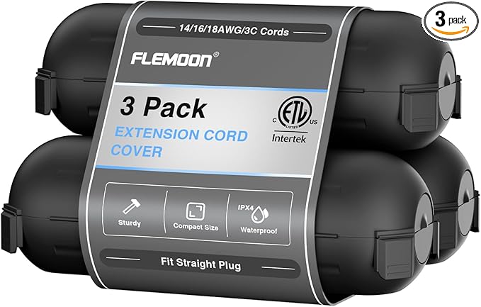 Flemoon [3 Pack] Outdoor Extension Cord Safety Cover with Waterproof Seal, Weatherproof Electrical Connection Box to Prote...