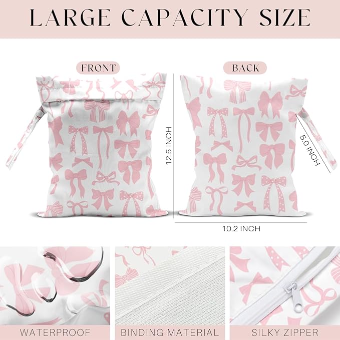 Wet Bag for Swimsuit, Beach Travel Essentials Wet Dry Bag, for Sunscreen Toiletry Dirty Clothes Yoga Gym Diaper, Friends Summer Beach Vacation Gifts. Pink bow