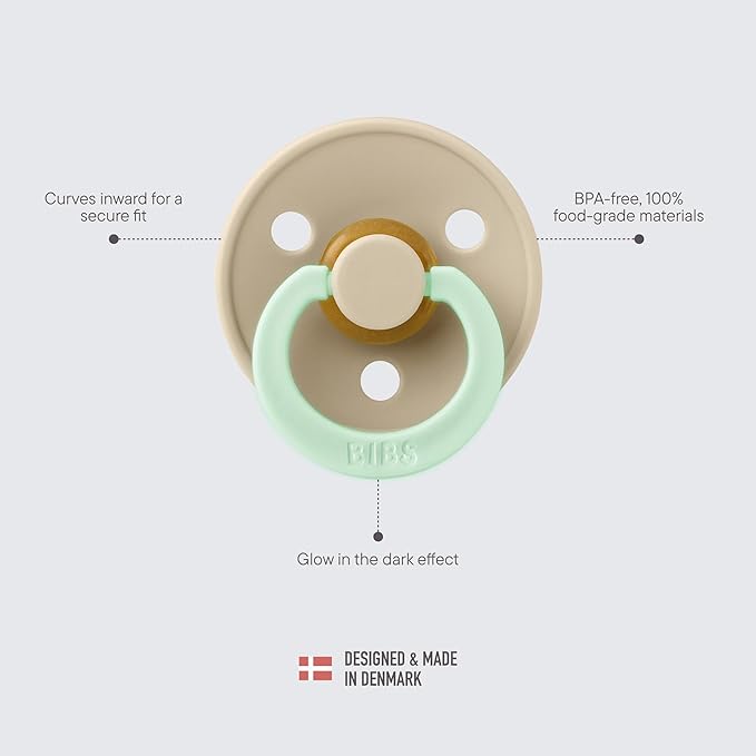 BIBS Pacifiers Colour Collection | Natural Rubber Baby Pacifier | Set of 2 BPA-Free Soothers | Made in Denmark | 18+ Months (Pack of 2) | Black Glow/Vanilla Glow