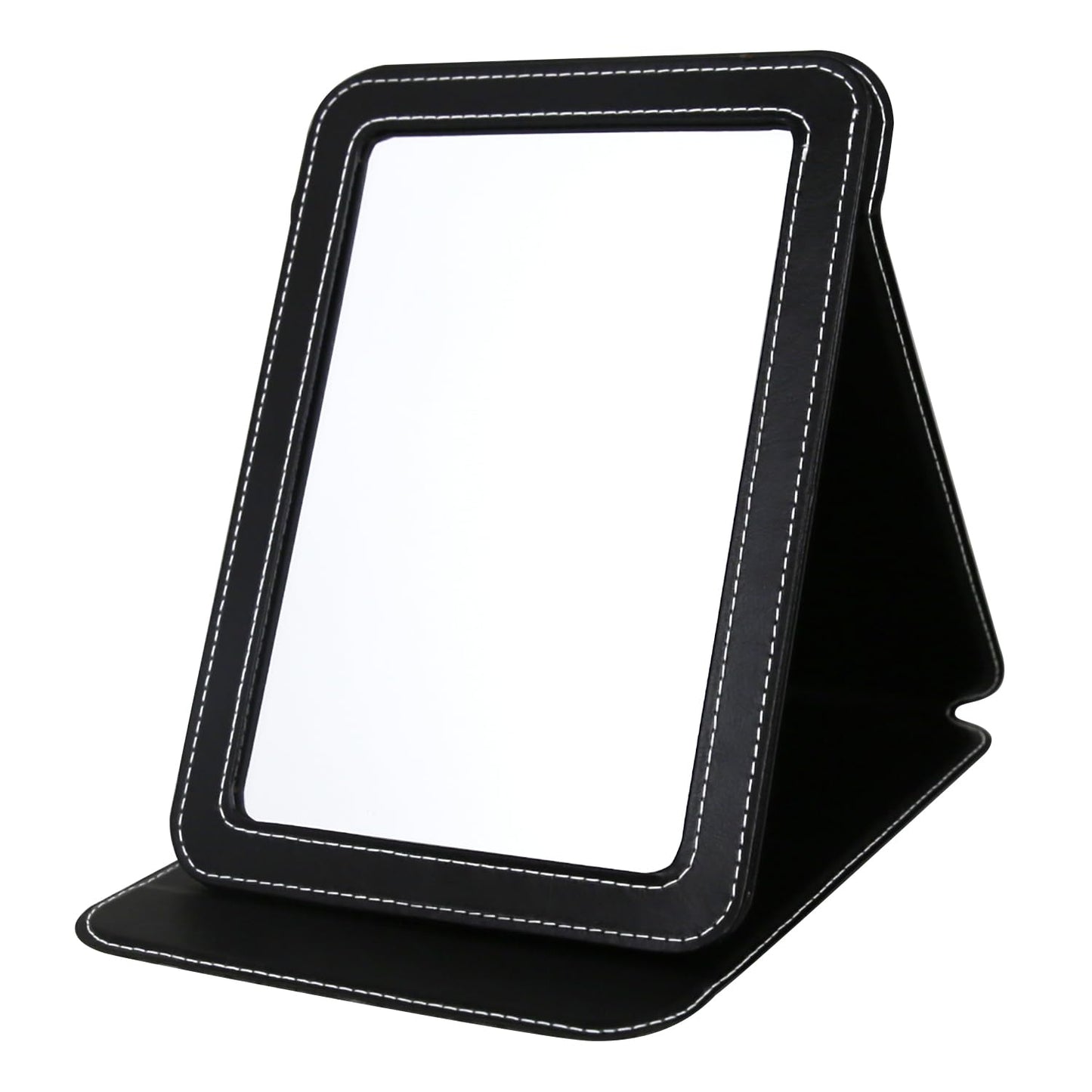PDOZV Travel Mirror for Desk, 6.5  8.9    Adjustable Rectangle PU Edge Covering Black Foldable Desk Mirror with Stand for Travel