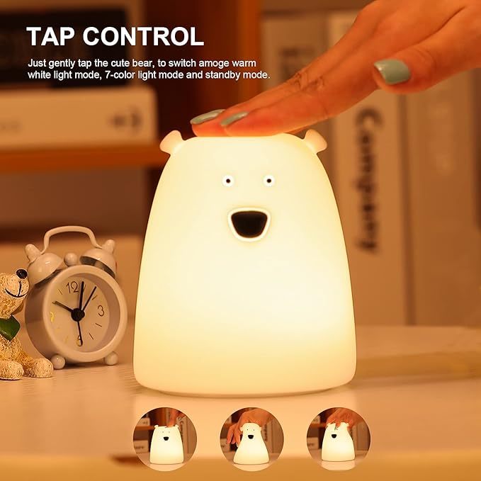 ZKLiLi Night Light for Kids, Cute Night Lamp Battery Powered Night Light for Kids Silicone Soft LED Nightlights, Baby Nursery Squishy Light Birthday Gifts for Girls and Boys (Bear)