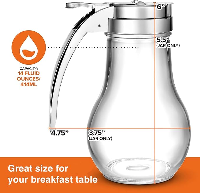 Glass Syrup Dispenser 14 oz – No-Drip Honey Dispenser for Maple Syrup, Dressings & Sauces – Durable Clear Glass, Easy Pour Spout, Leak-Proof Lid