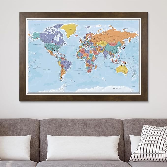 Push Pin Travel Maps Canvas - Personalized Blue Oceans World with Rustic Brown Frame
