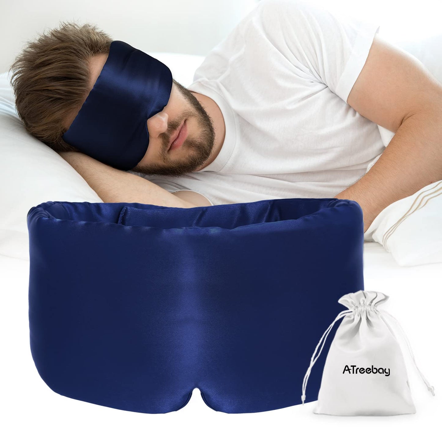 ATreebag Silk Sleep Mask for Women Men Satin, ATreebag Eye Sleeping Mask & Blindfold with Adjustable Strap, Large Size, 1 PC Navy Blue