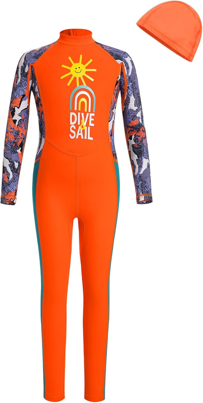 IDOPIP Kids Boys Girls Color Block One Piece Swimsuit Swimwear Long Sleeve Rash Guard Sunsuit Wetsuit Beachwear Bathing Suit