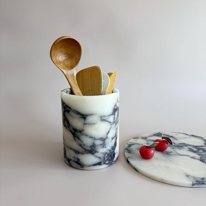 Handmand Natural Marble with Holes Stone Vintage Kitchen Utensil Holder - 5.1" D X 6.3" H Kitchen Counter Organizers and Storage Tool Crock (Calacatta Purple Marble)