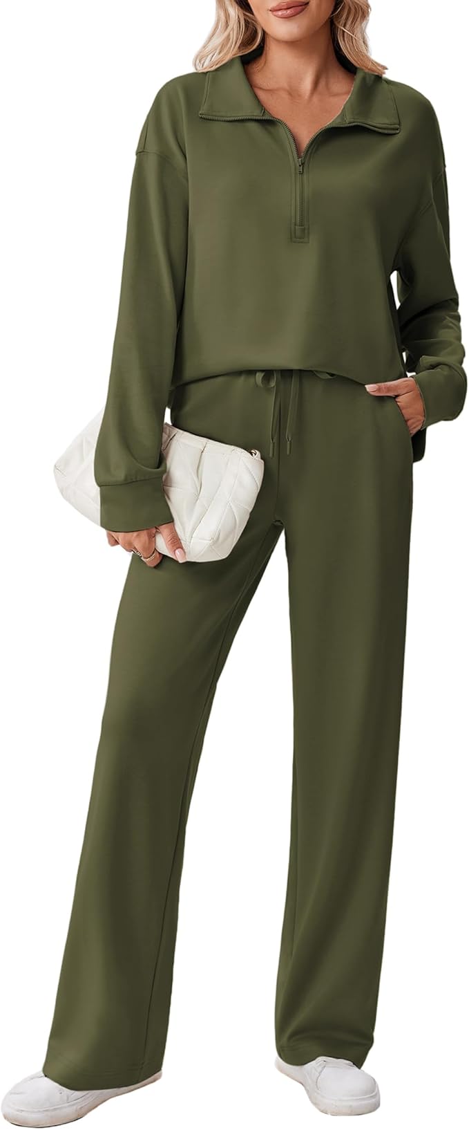 PINSPARK 2 Piece Sets for Women 1/2 Zip Sweatsuit Loose Fit Sweatshirt Straight Leg Pants 2025 Matching Outfit Fall Tracksuit