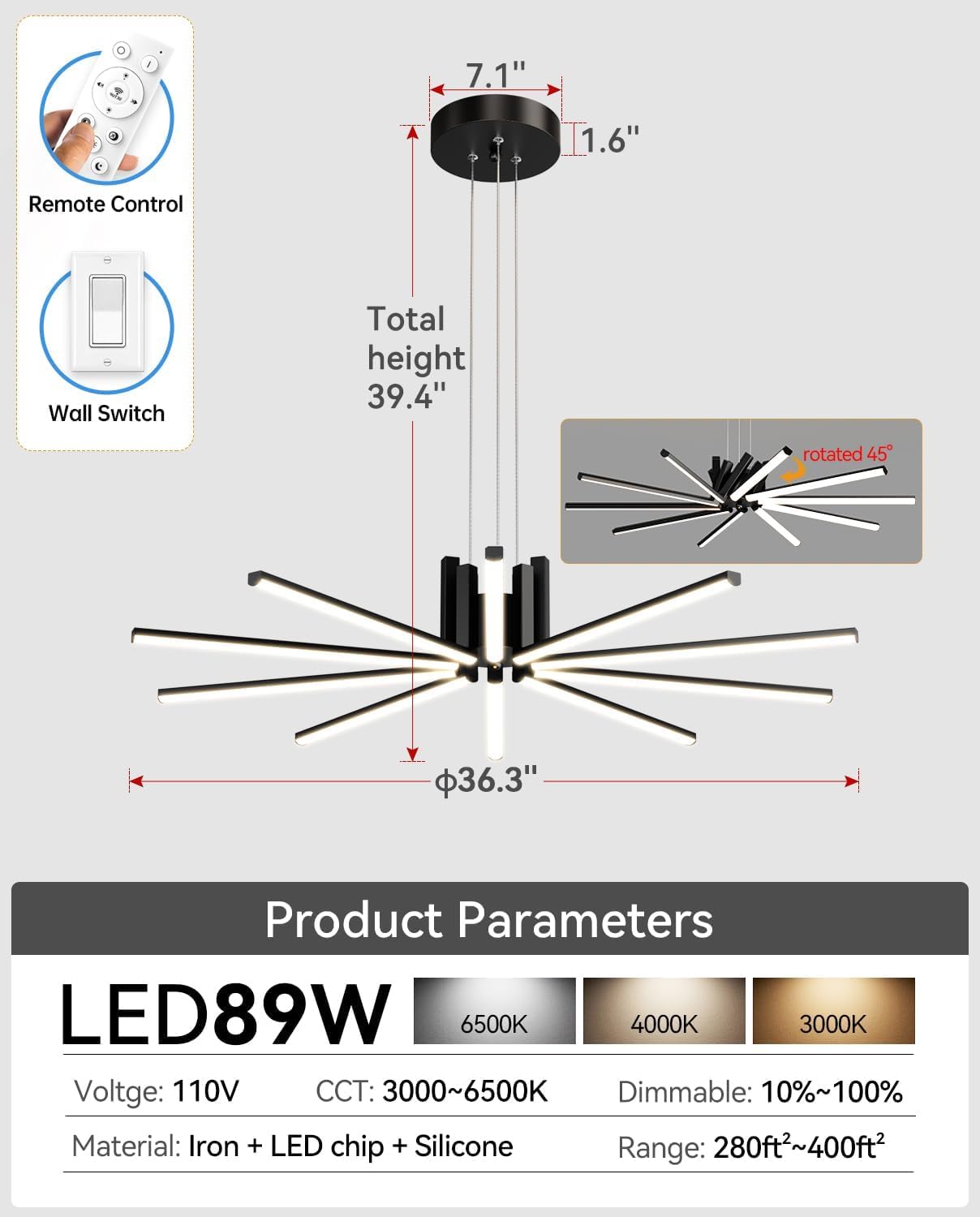 JYUWRIVG Modern Led Chandelier, Dimmable Sputnik Light Fixture, Remote Control, Black, Model YM05