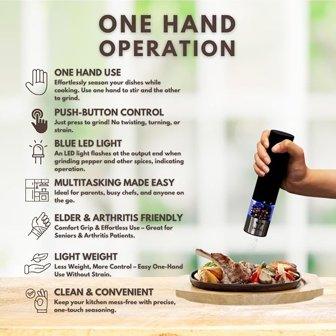 Rechargeable Electric Salt and Pepper, Automatic shaker Grinder Mill, LED Light, One-Hand Operation, Adjustable Coarseness, USB-C Charging, ABS & Stainless Steel, Stand Included.