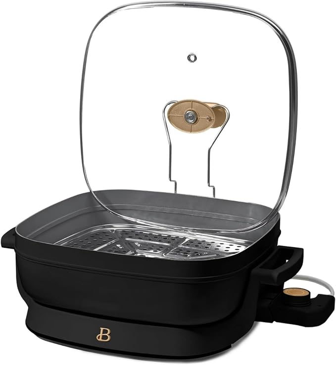 Beautiful 5-in-1 Electric Skillet 7QT, Cast Aluminum Extender, Nonstick, 1500W, Dishwasher-Safe Lid, Slow Cook, Steam. (Black Sesame)