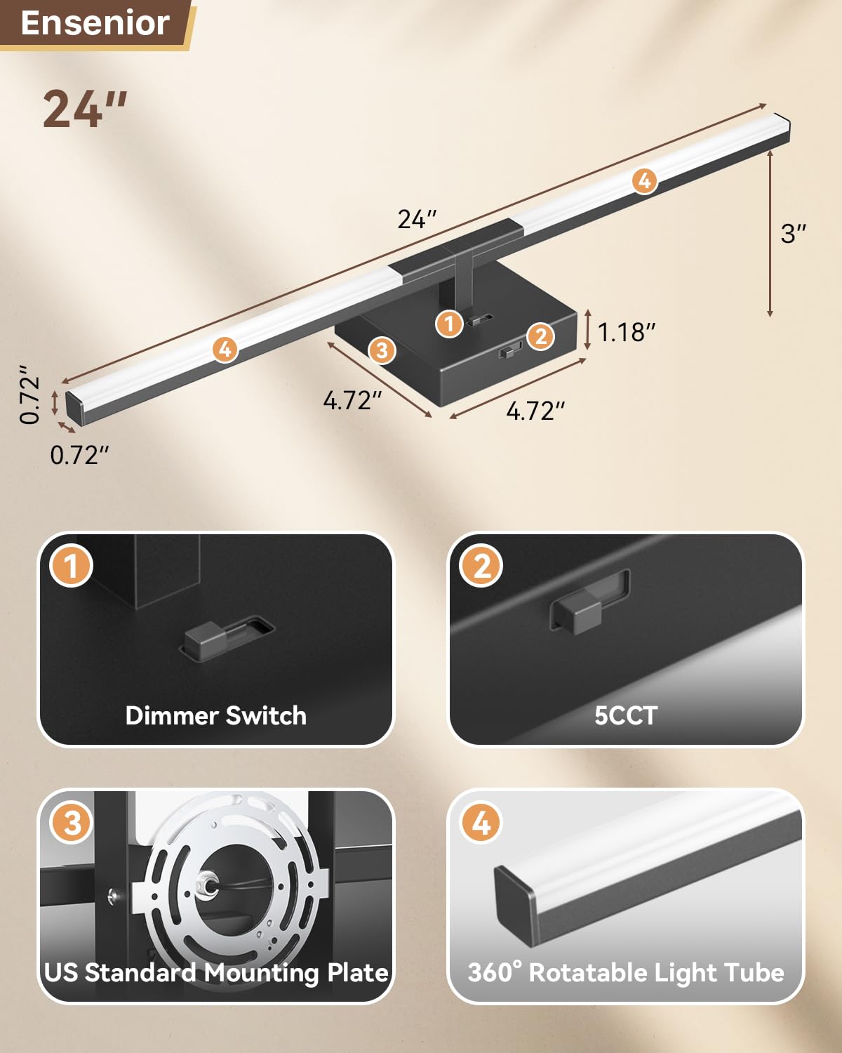 Ensenior Modern Bathroom Vanity Light 24 inch, Built-in Dimmer, 14W Dimmable 5CCT Led Bath Lights, Black Bar Vanity Light for Bathroom Mirror Cabinets Bedroom-FCC & ETL Certificated