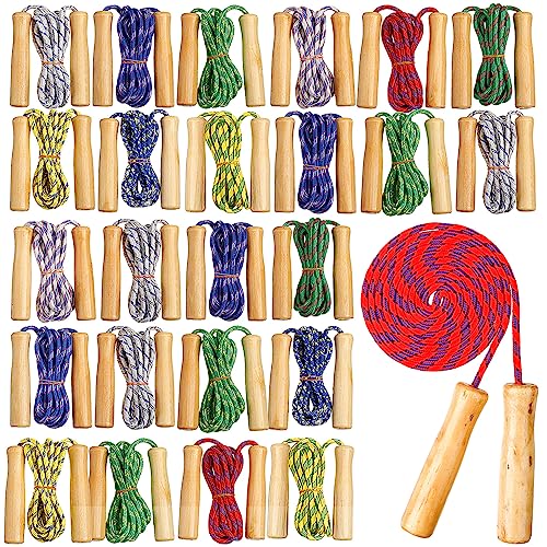 Shappy 24 Pcs Jump Rope Bulk 7.25 ft Adjustable Cotton Skipping Rope with Wooden Handle Braided Fitness Jumping Rope for T...