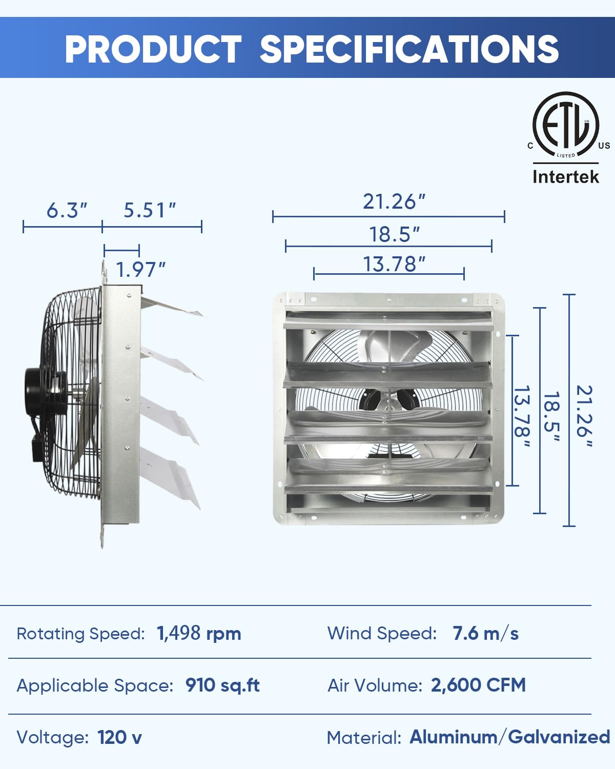 Ken Brown 18 Inch Shutter Exhaust Fan, 2450Cfm High Speed Wall Mounted Vent Fan With 1.65M Power Cord, Ideal For Garage, Attic,