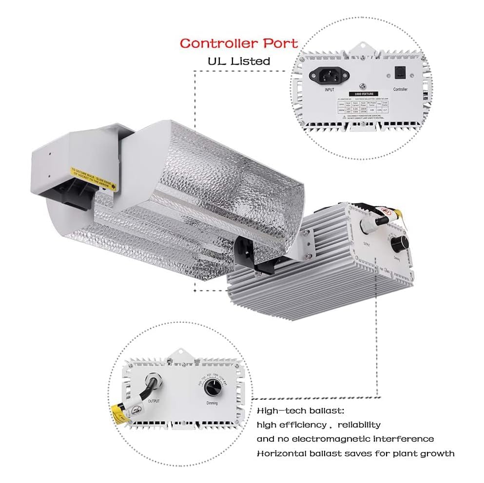 Generic Raylux 1000W Grow Light System, DE HPS Bulb, Open Style Reflector, Aluminum, Silver, with Controller Port