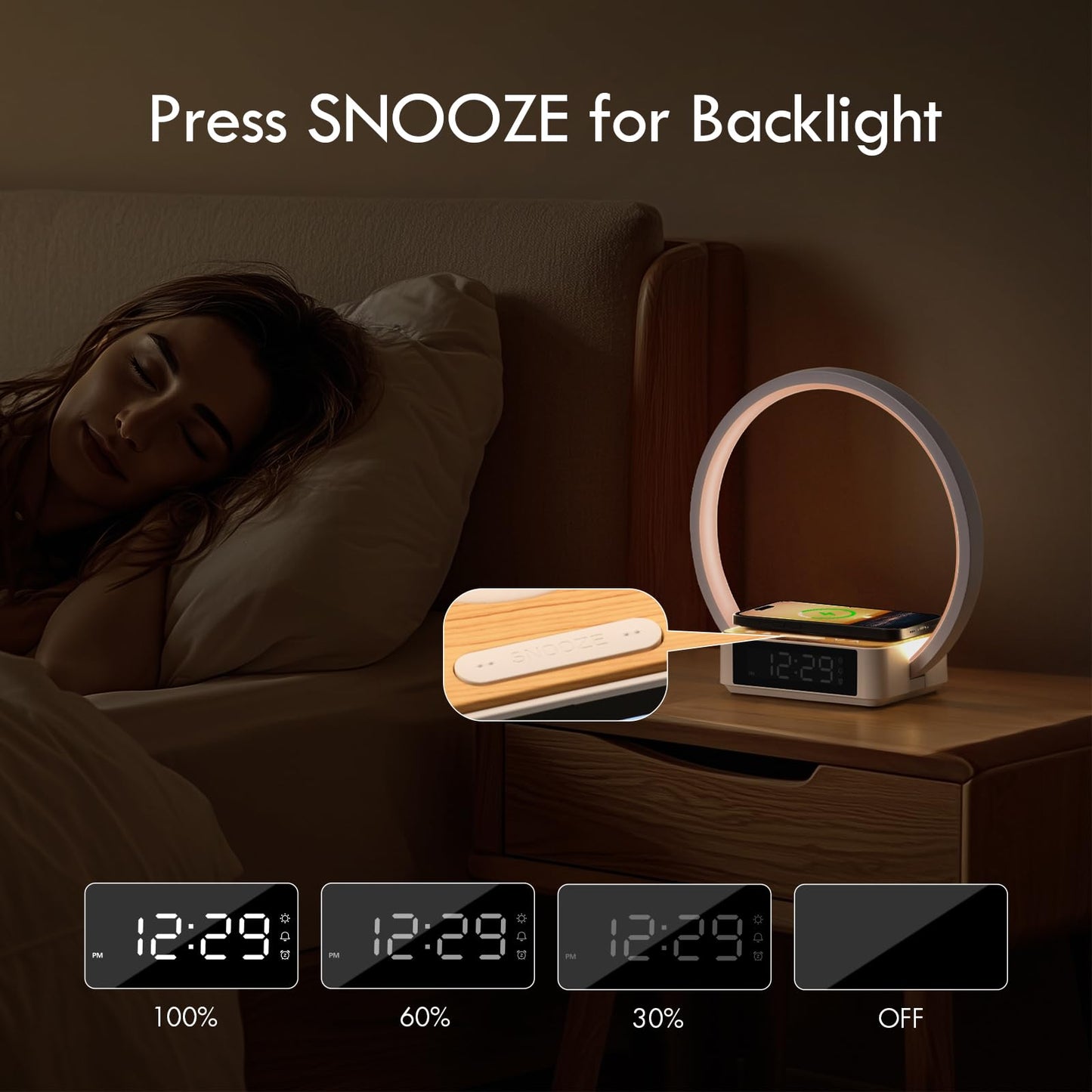 WILIT Bedside Lamp with Alarm Clock, Touch Control, Wireless Charger, Dimmable, Model B17, White/Brown