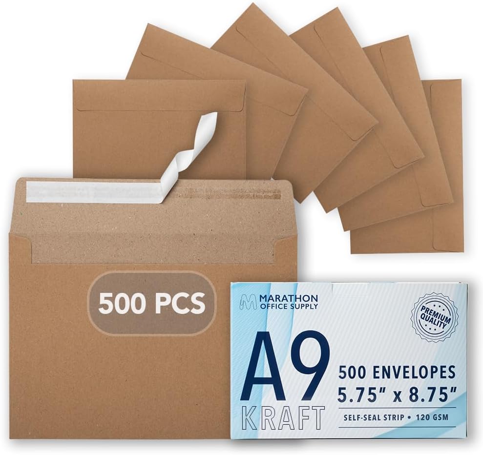 MOS A9 Kraft Envelopes 5.75 x 8.75 Inch 500 Pack — Brown Self-Seal Heavyweight Invitation Envelopes for Greeting Cards, Card Making, RSVP, Wedding Invitations, Business Mailings
