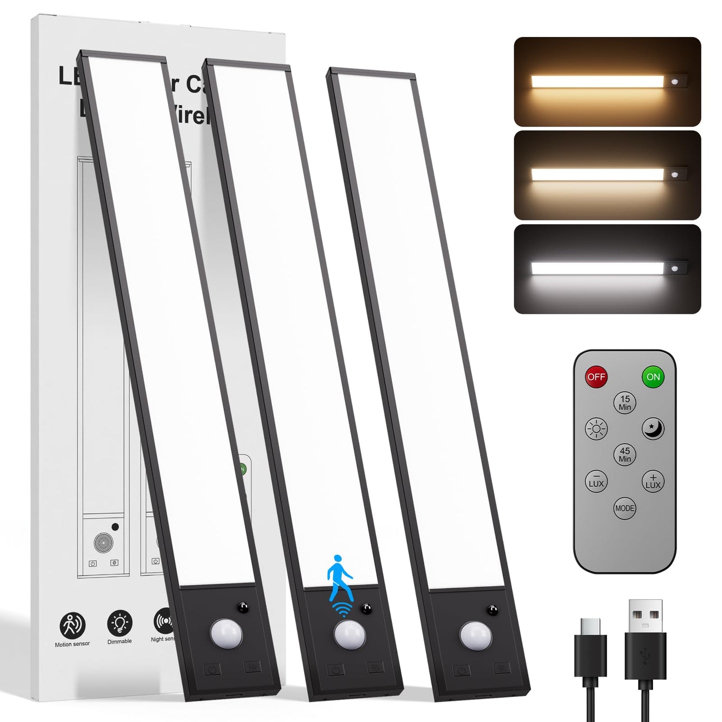 12Inch Rechargeable Under Cabinet Lighting 56 Led -3 Color& 7 Levels Under Cabinet Lighting Wireless 3000Mah Dimmable Magnetic Cabinet Lighting Punch-Free Smart Sensor Magnetic Rechargeable Led Lights