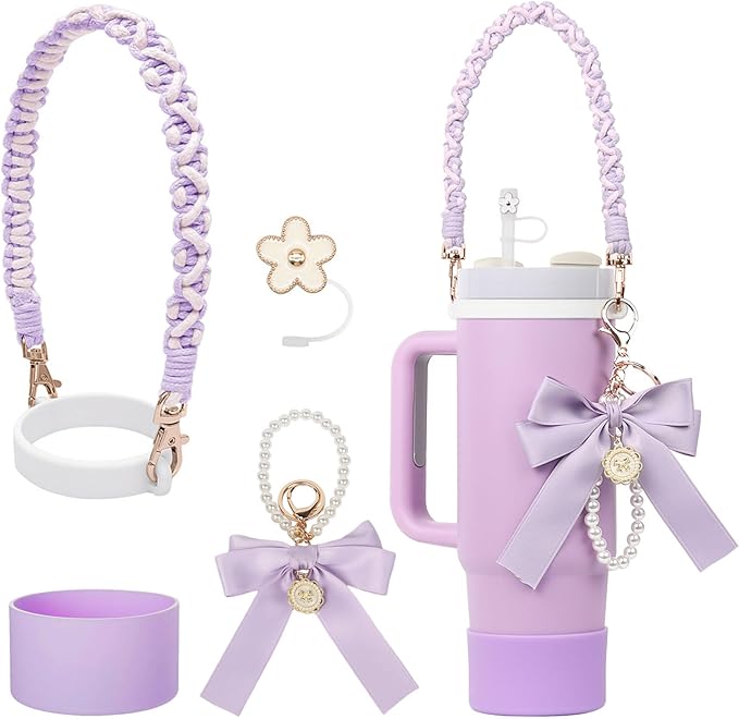 Stanley Cup Accessories Set- Water Bottle Handle Strap, Stanley Cup Protective Silicone Boot, Bow Design Stanley Charms for Stanley Cup 40oz /30 oz Tumbler Purple Stanley Cup Accessories