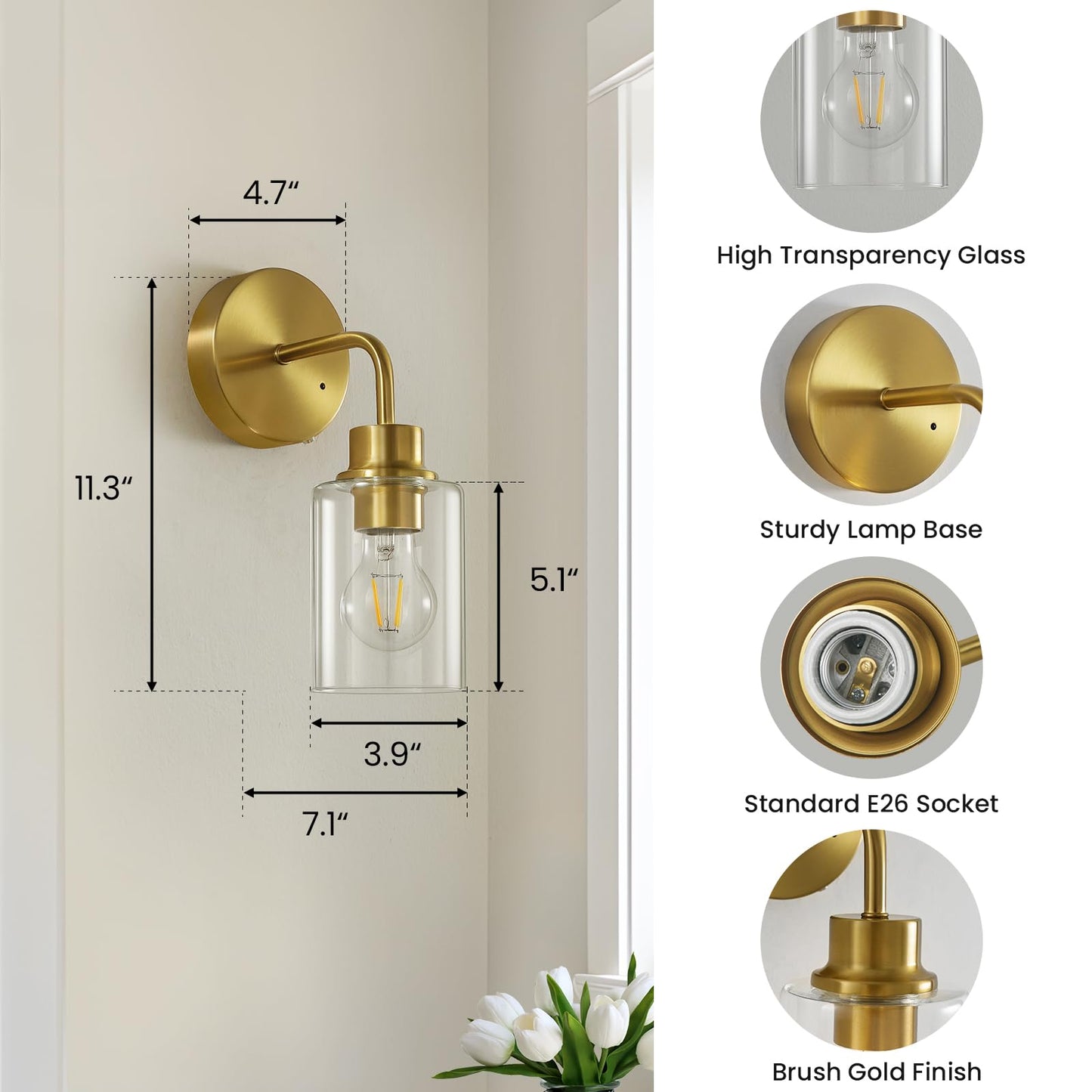 Epinl Battery Operated Wall Sconce Set of 2 - Dimmable Wireless Gold Glass Lights, Model 8210, Cordless Rechargeable for Home