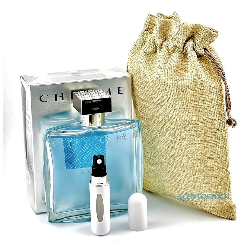 Bundle- Chrome Cologne for men 3.4 fl oz Eau de Toilette with Bag & Refillable Atomiser