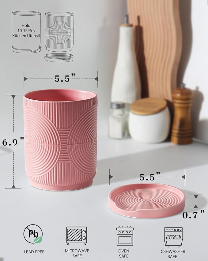 Utensil Holder, 7.2" Kitchen Utensil Holder for Counter, 2-in-1 Ceramic Cooking Utensils Holders with Spoon Rest, Utensil Crock for Spatula, Ideal Housewarming Gift(Pink)
