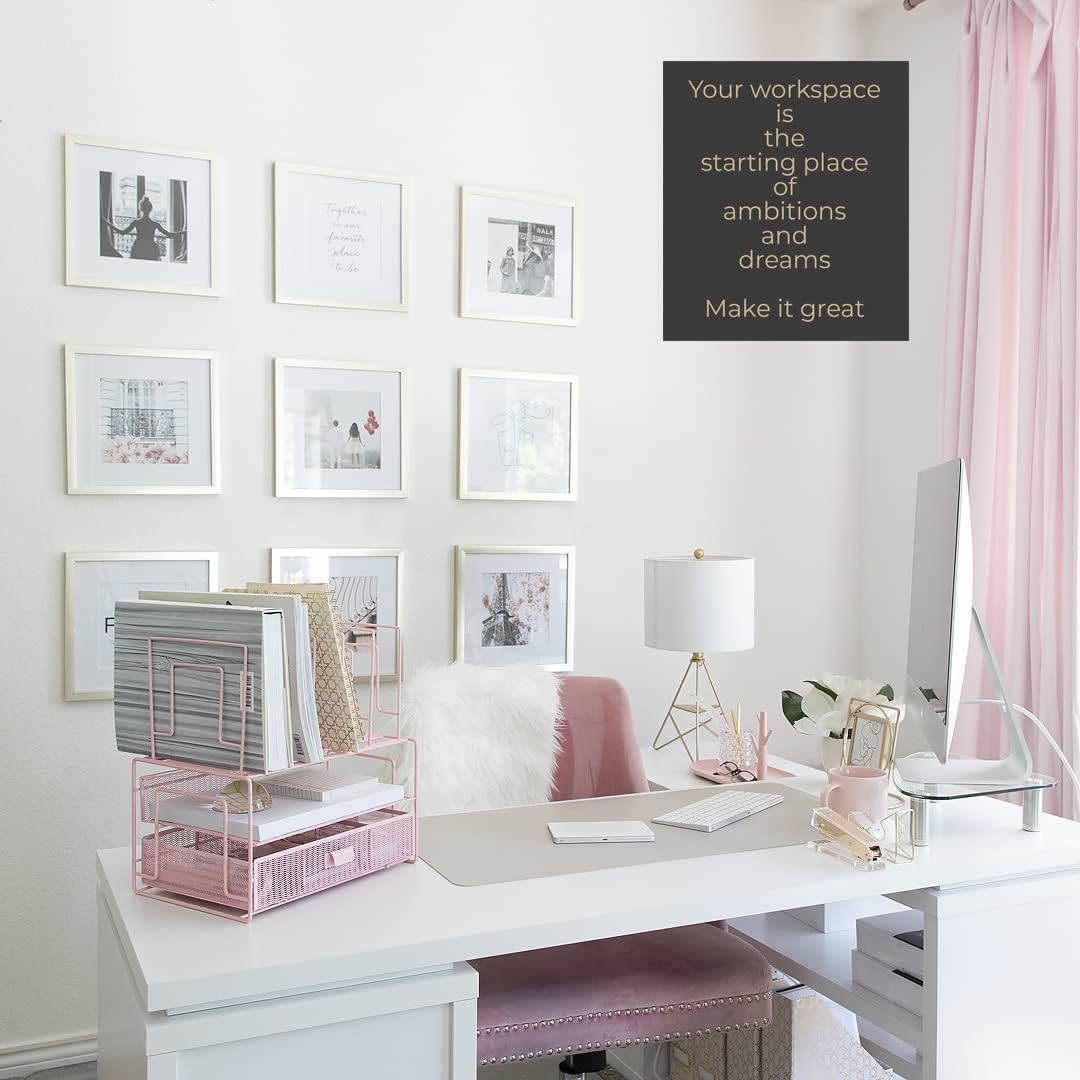 BLU MONACO Pink Desk Organizer | Metal File Sorter with Drawer | Office Supplies and Desktop Storage for Home Office