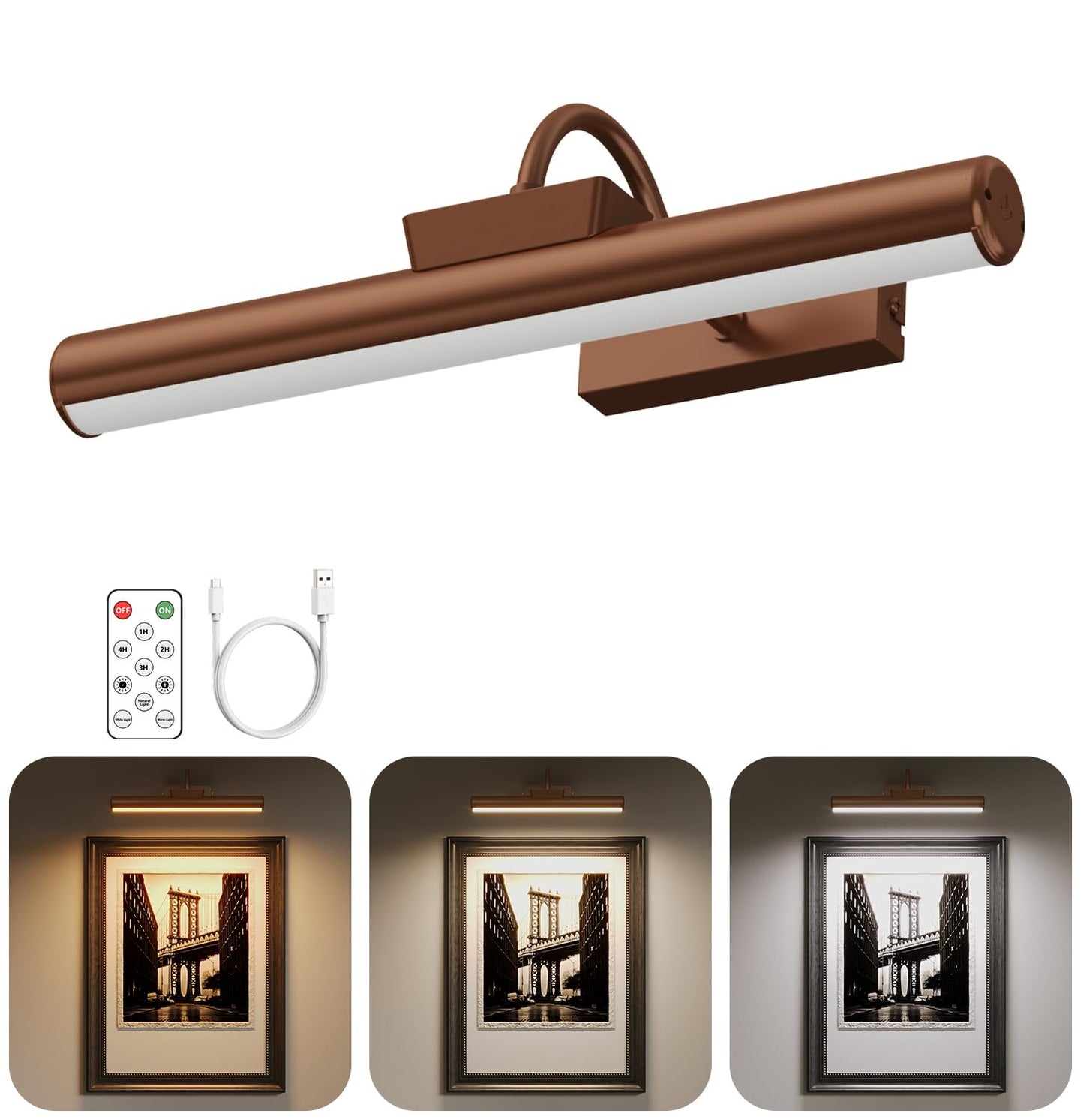 Picture Light Battery Operated, 13in Wireless Art Light for Paintings, Dimmable 5000mAh Recharging Battery Picture Light with Remote Control for Wall, Gallery Dartboard (Orange Copper -1Pack)